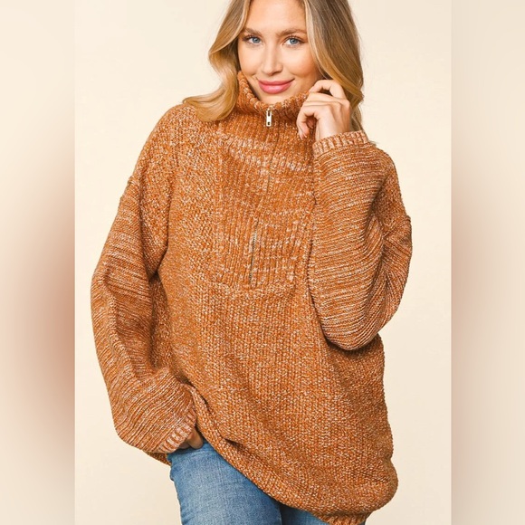 Plus Size Chestnut Brown Two-Tone Fall Half-Zip Pullover Knit Sweater, 1X-2X-3X - Picture 4 of 10
